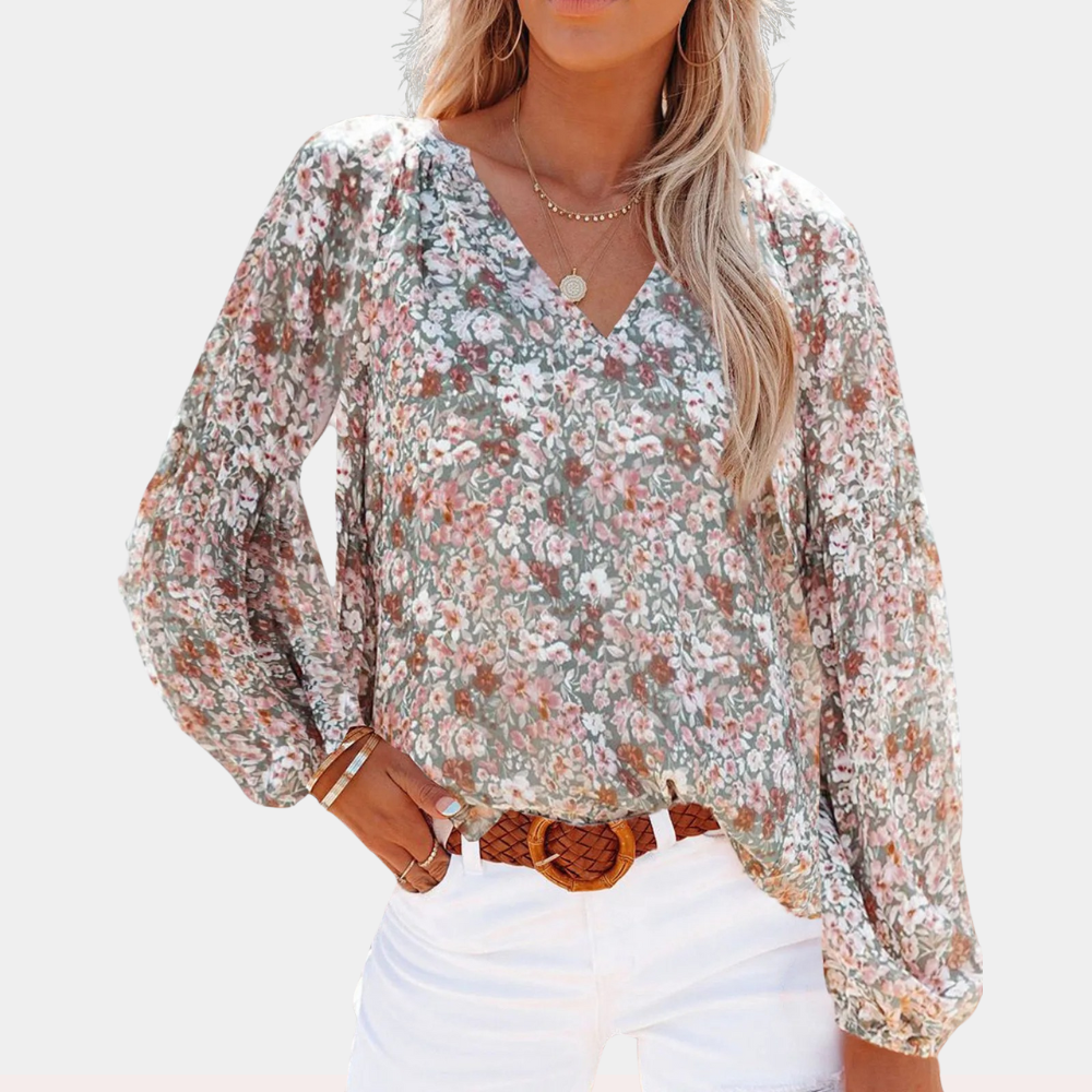 Blouse met lange mouw in roze, wit en groen, kleurrijke bloemenprint, losvallende pasvorm voor zomerse dagen. Damesbloes.