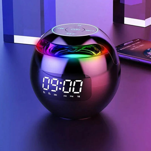 "Bluetooth wekker met LED-scherm en dynamisch licht, zwart, compacte 8.5cm, elegante uitstraling, veelzijdige functies."