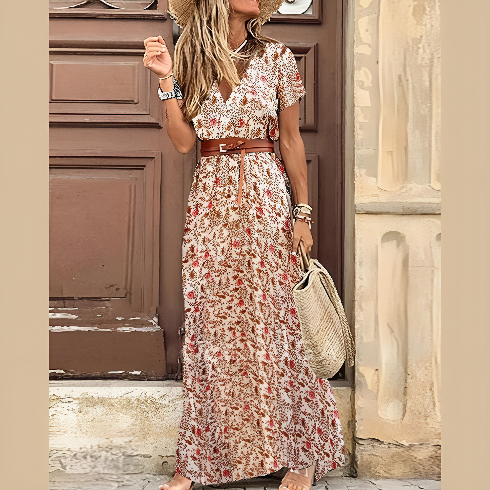 "Bohemian vintage jurk met eclectische print, riem, hoge split en vloeiende lijnen. Perfect voor casual of formele gelegenhed