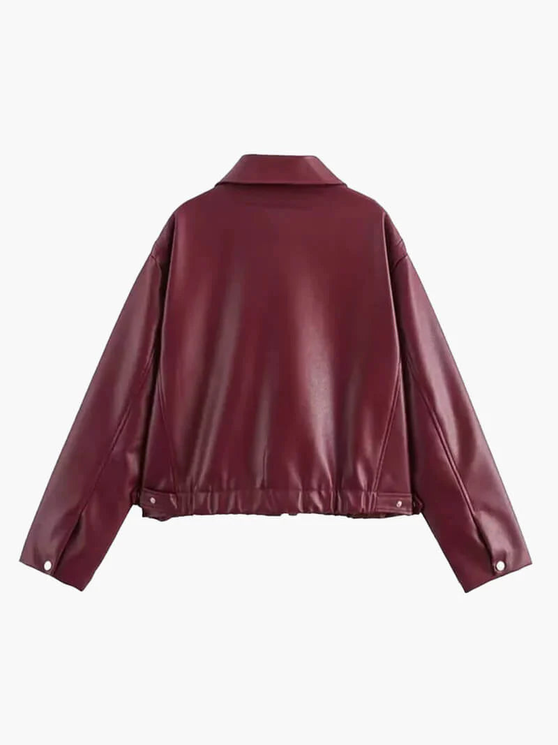 Bourgondië dames leren jas, getailleerd, diepe kleur, zilverkleurige rits, elegante en veelzijdige aanvulling op outfits.