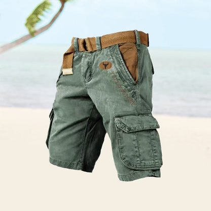 "Cargoshorts voor heren, duurzaam twill, ripstop stof, klassiek silhouet, met meerdere diepe zakken voor buitenactiviteiten."