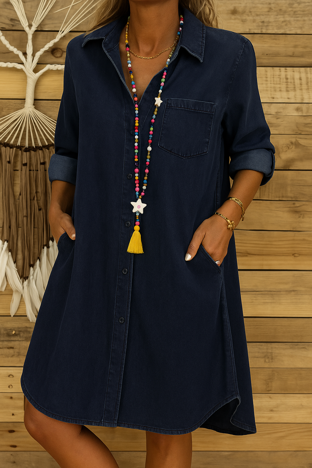 "Casual denim blousejurk met knoopsluiting, opgerolde mouwen en zakken; verkrijgbaar in maat S-3XL; stijlvol en comfortabel."