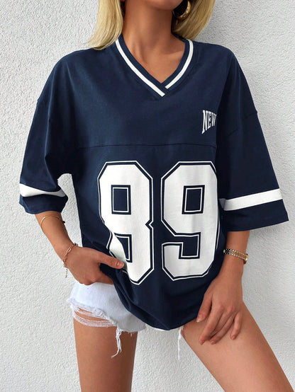 "Casual oversized dames baseball shirt in diverse kleuren met '89' print, relaxte pasvorm en zachte stof voor elke gelegenhei