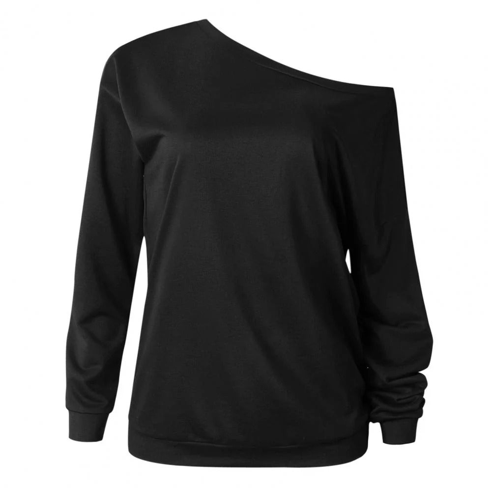 "Chique en stijlvolle dames one-shoulder trui Beatrix met verfijnde halslijn, ideaal voor elegante en casual gelegenheden."