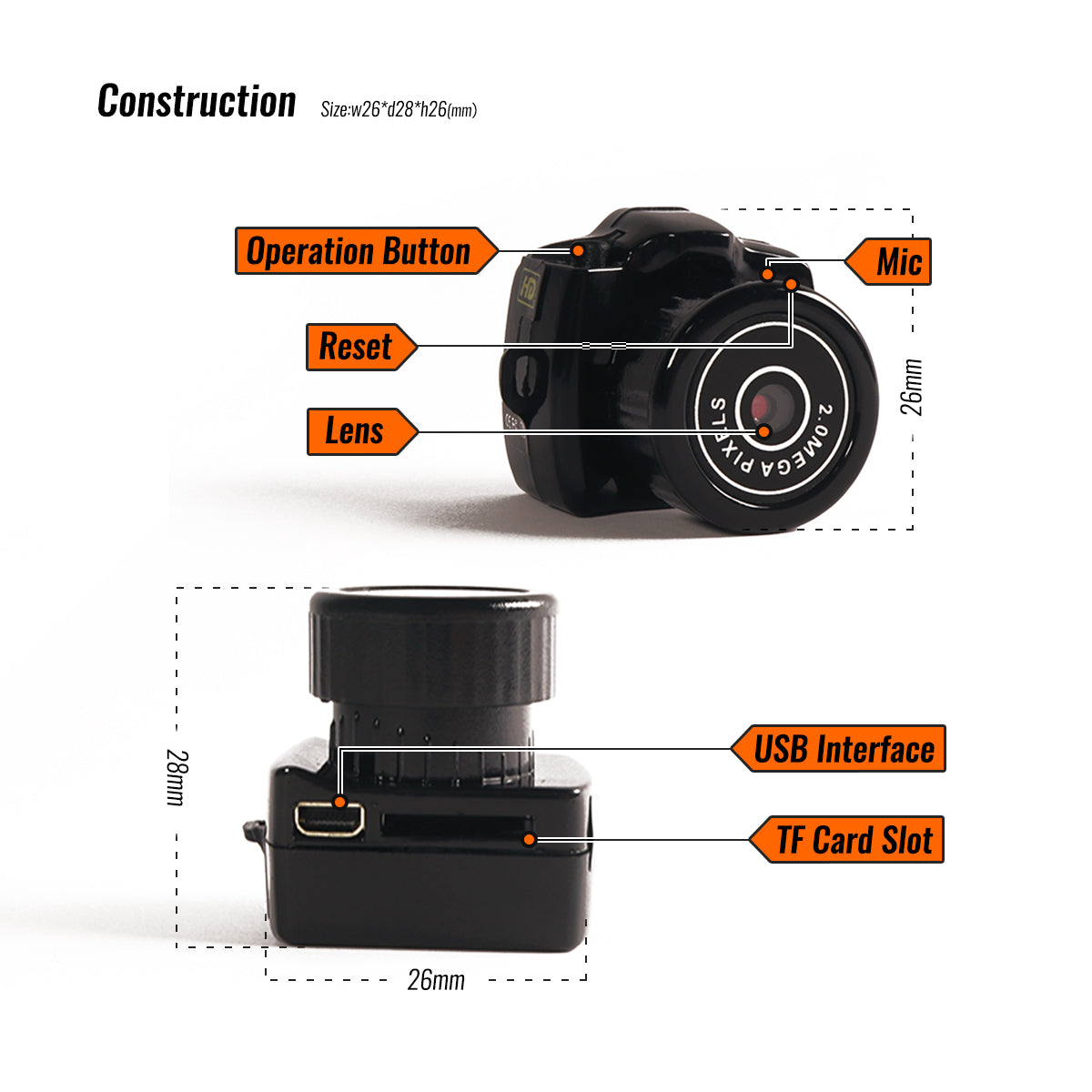 "Compacte HD mini videocamera, draagbaar ontwerp met schokbestendige behuizing, ideaal voor scherpe 1080HD opnamen."