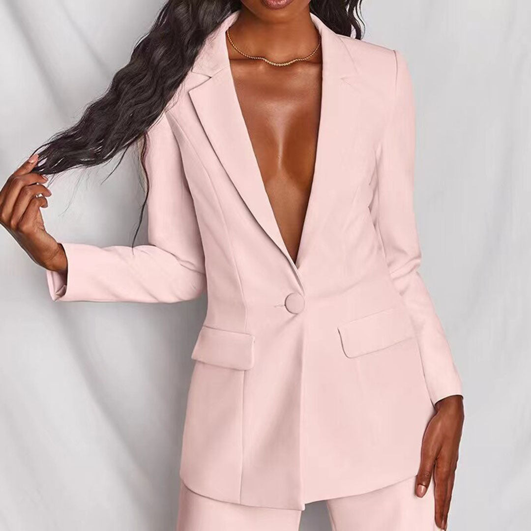 "Dames blazer en broek set, geel, elegante snit, moderne flair, geschikt voor formele en casual gelegenheden."