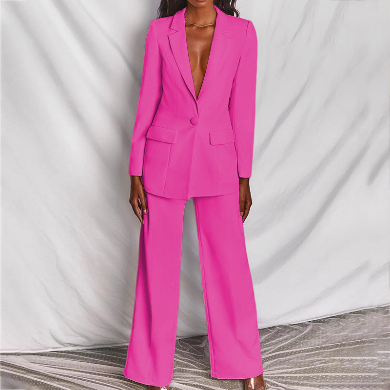 "Dames blazer en broek set, geel, elegante snit, moderne flair, geschikt voor formele en casual gelegenheden."
