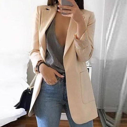 "Dames blazer met omgeslagen kraag, lange mouwen, elegant katoen-polyester ontwerp, perfecte zakelijke en formele stijl."