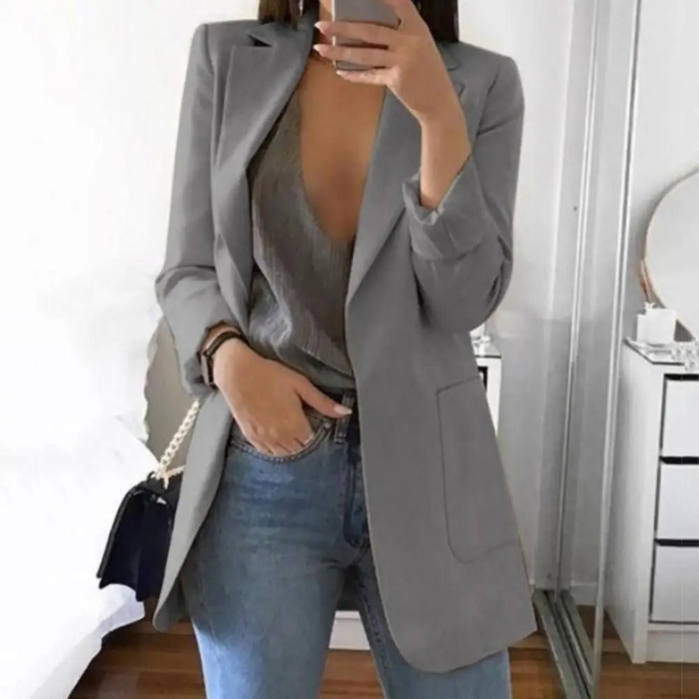 "Dames blazer met omgeslagen kraag, lange mouwen, elegant katoen-polyester ontwerp, perfecte zakelijke en formele stijl."