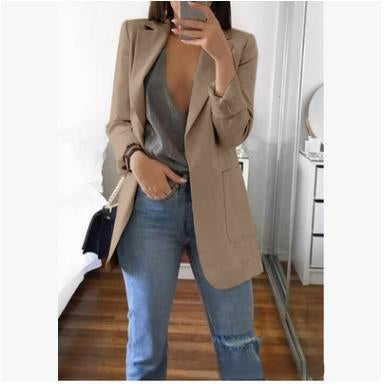 "Dames blazer met omgeslagen kraag, lange mouwen, elegant katoen-polyester ontwerp, perfecte zakelijke en formele stijl."