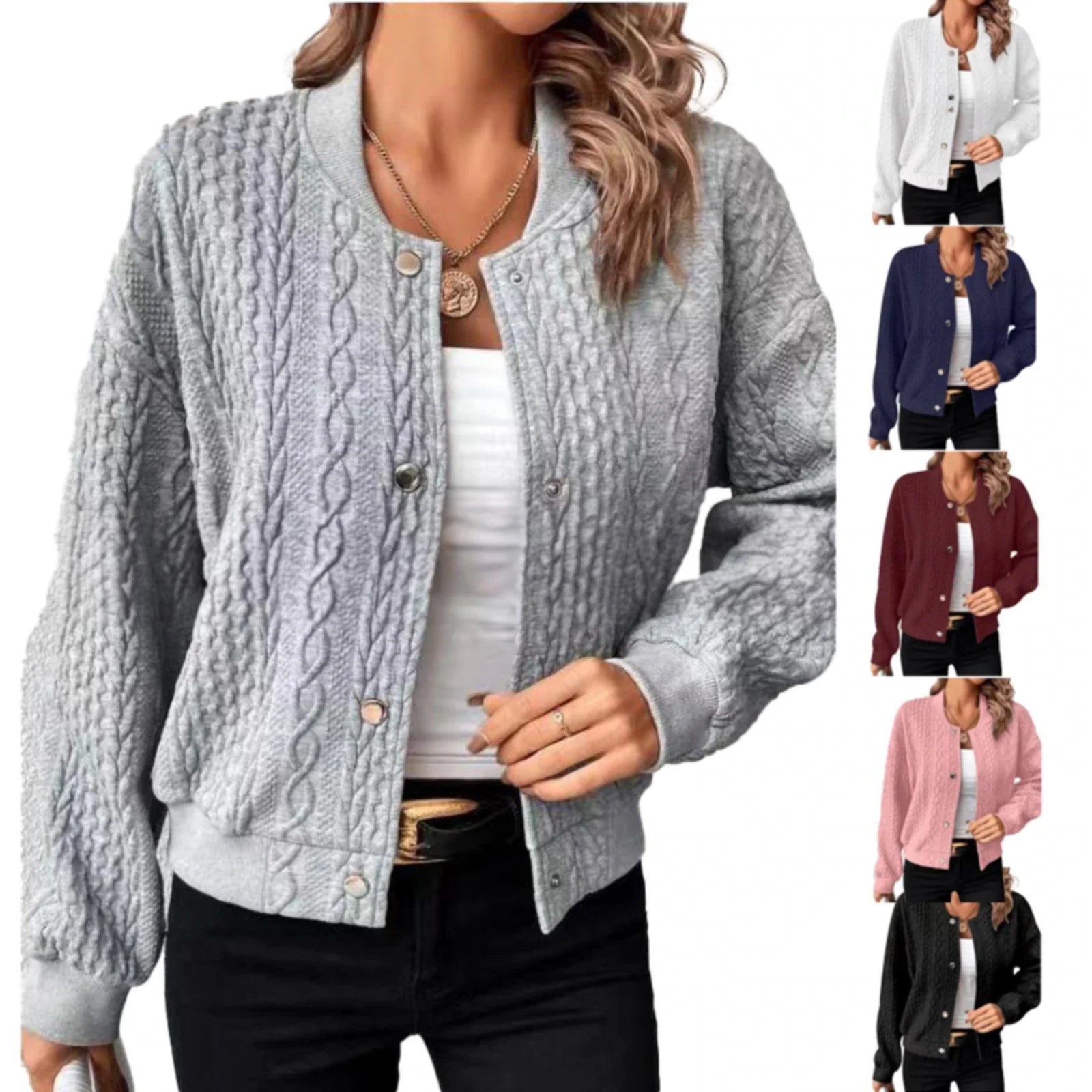 "Damesvest Elin met knoopjes, zacht en luxueus, in grijs; elegant design ideaal voor elke stijlvolle gelegenheid."