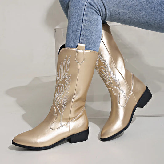 "Demy cowboylaarzen dames met geborduurd design, duurzaam vegan leer, western stijl, slipbestendige zool en comfort"