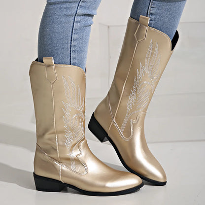 "Demy cowboylaarzen dames met geborduurd design, duurzaam vegan leer, western stijl, slipbestendige zool en comfort"