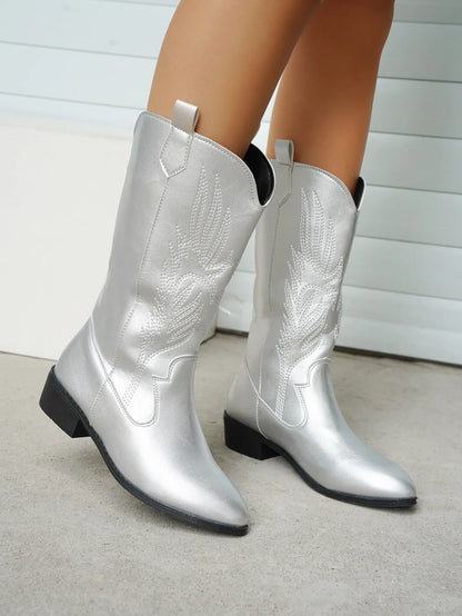 "Demy cowboylaarzen dames met geborduurd design, duurzaam vegan leer, western stijl, slipbestendige zool en comfort"