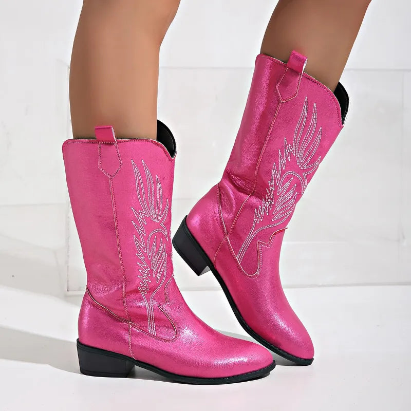 "Demy cowboylaarzen dames met geborduurd design, duurzaam vegan leer, western stijl, slipbestendige zool en comfort"