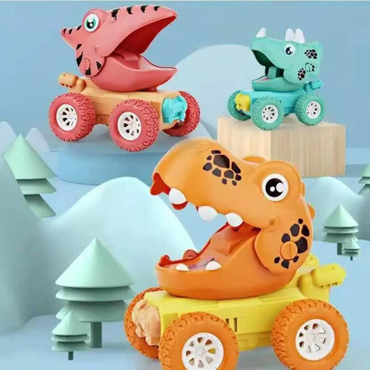 "Dino monstertruck race set voor kinderen met kleurrijke dino en monstertruck designs, stevig en duurzaam ABS-materiaal."