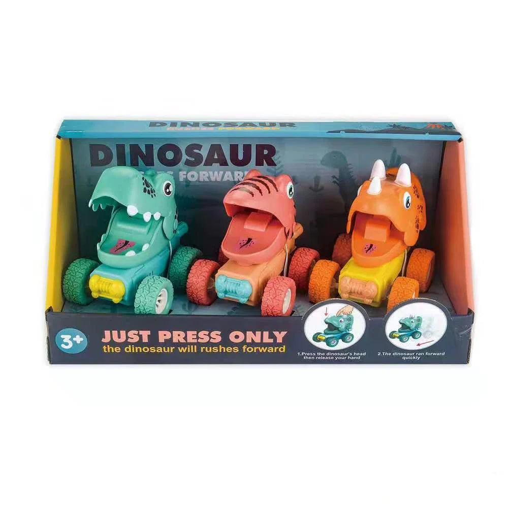 "Dino monstertruck race set voor kinderen met kleurrijke dino en monstertruck designs, stevig en duurzaam ABS-materiaal."