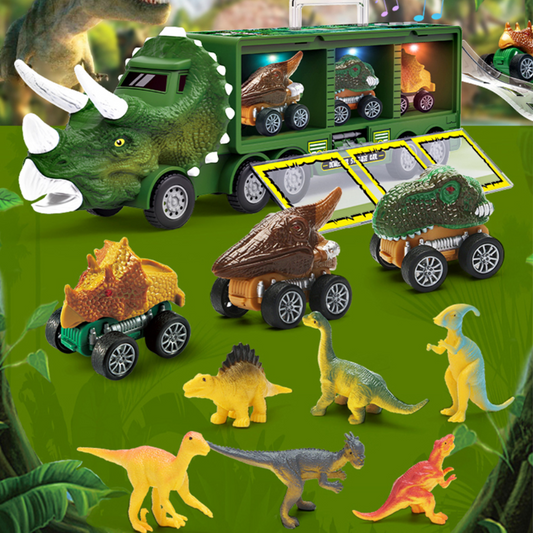 "Dino speelgoedtruck met kleurrijke dino's, licht en geluidseffecten, perfect voor kinderen, fantasierijk spel."