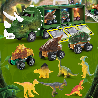 "Dino speelgoedtruck met kleurrijke dino's, licht en geluidseffecten, perfect voor kinderen, fantasierijk spel."