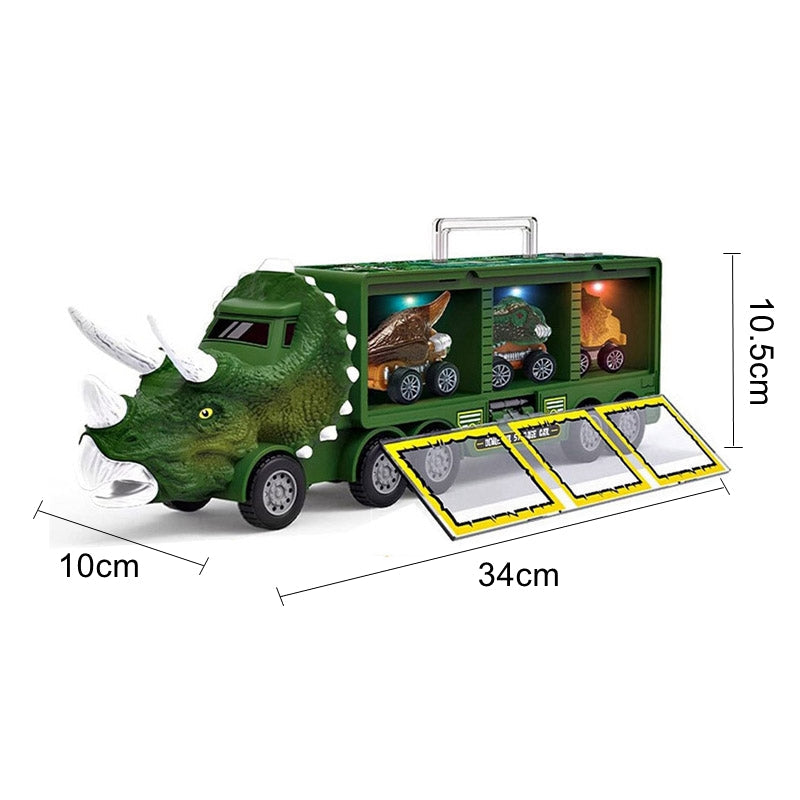 "Dino speelgoedtruck met kleurrijke dino's, licht en geluidseffecten, perfect voor kinderen, fantasierijk spel."