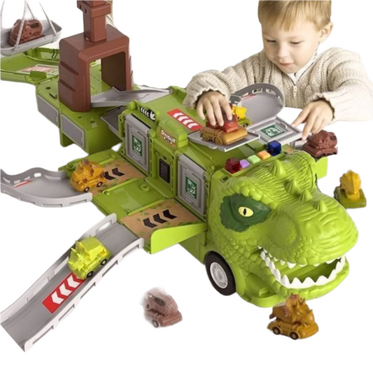"DinoTruck speelgoedset in dinosaurustransformatie met licht en geluid, uitvouwbare, kleurrijke trucks voor kinderen."