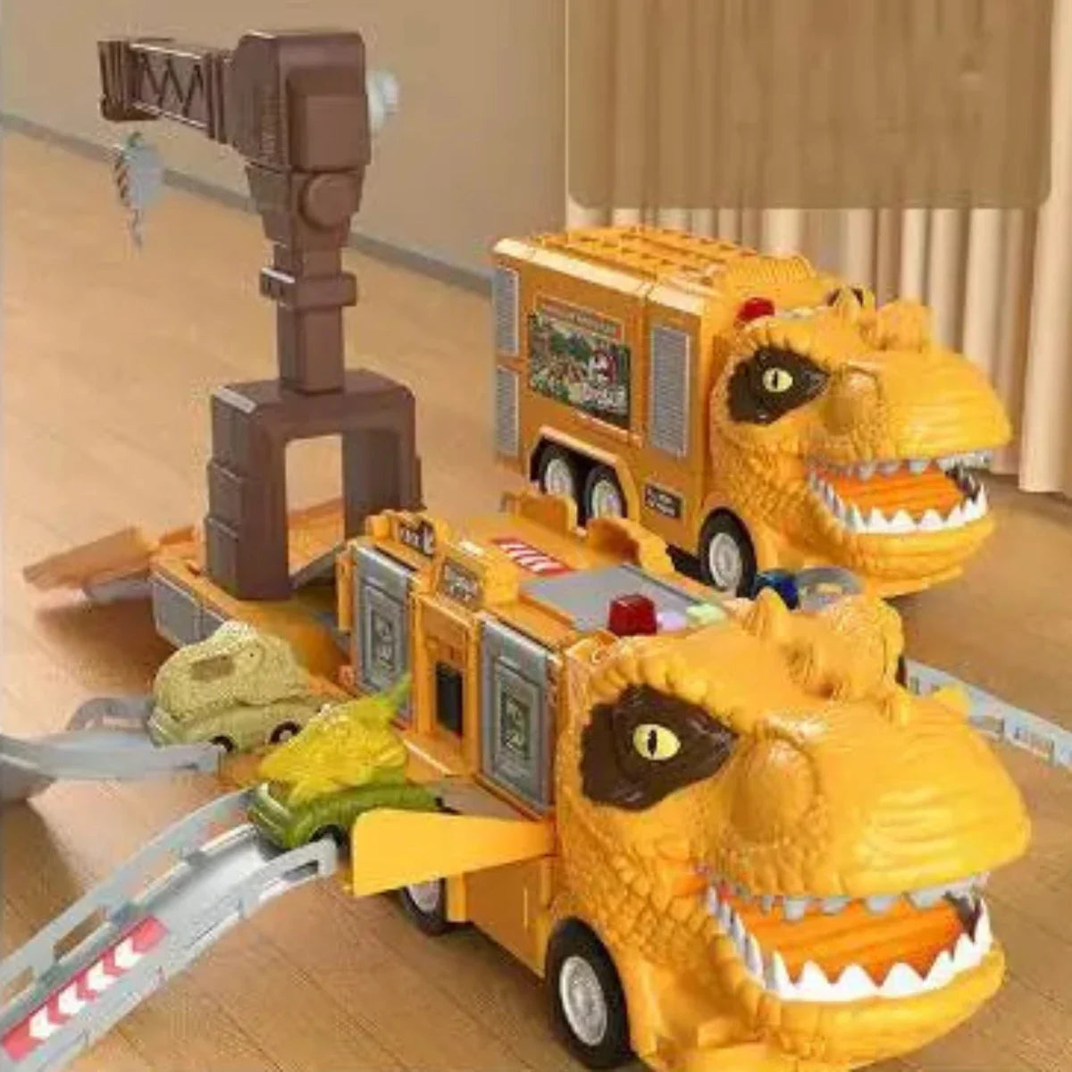 "DinoTruck speelgoedset in dinosaurustransformatie met licht en geluid, uitvouwbare, kleurrijke trucks voor kinderen."