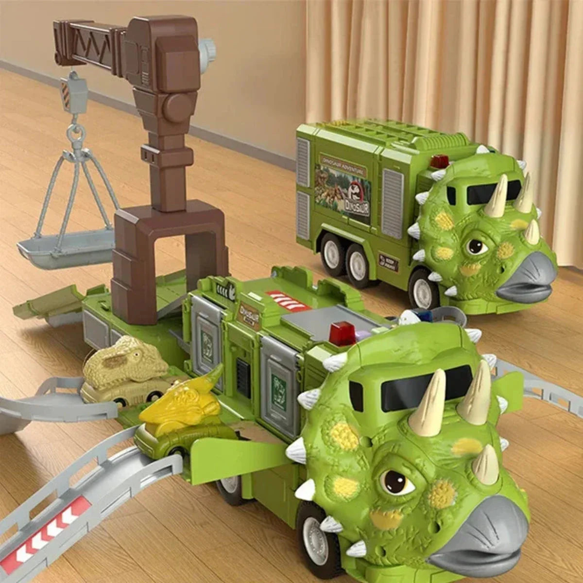"DinoTruck speelgoedset in dinosaurustransformatie met licht en geluid, uitvouwbare, kleurrijke trucks voor kinderen."