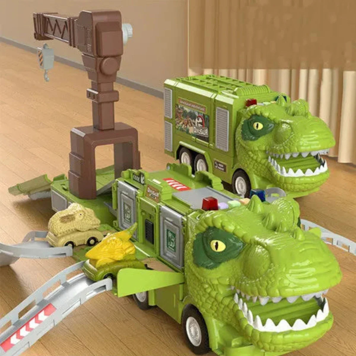 "DinoTruck speelgoedset in dinosaurustransformatie met licht en geluid, uitvouwbare, kleurrijke trucks voor kinderen."