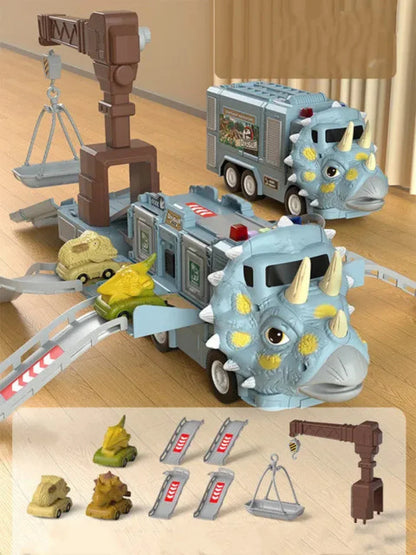 "DinoTruck speelgoedset in dinosaurustransformatie met licht en geluid, uitvouwbare, kleurrijke trucks voor kinderen."