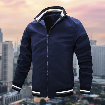 "Donkerblauw bomberjack voor mannen, stijlvolle herfstjas van hoogwaardig polyester, elegante en functionele herfstkleding."