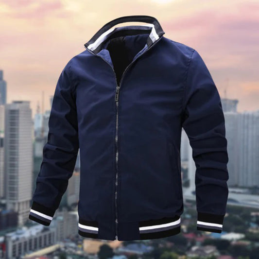"Donkerblauw bomberjack voor mannen, stijlvolle herfstjas van hoogwaardig polyester, elegante en functionele herfstkleding."