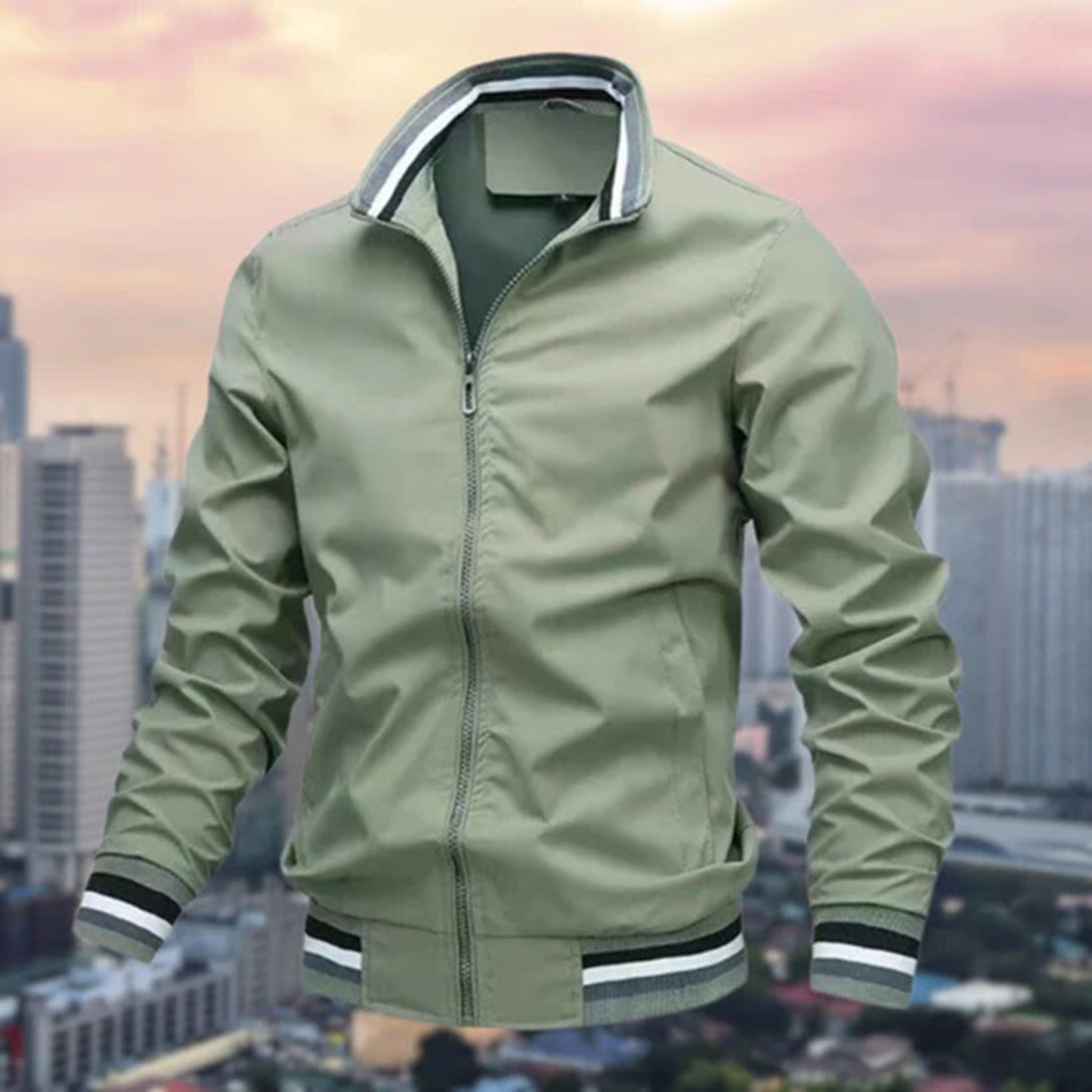 "Donkerblauw bomberjack voor mannen, stijlvolle herfstjas van hoogwaardig polyester, elegante en functionele herfstkleding."