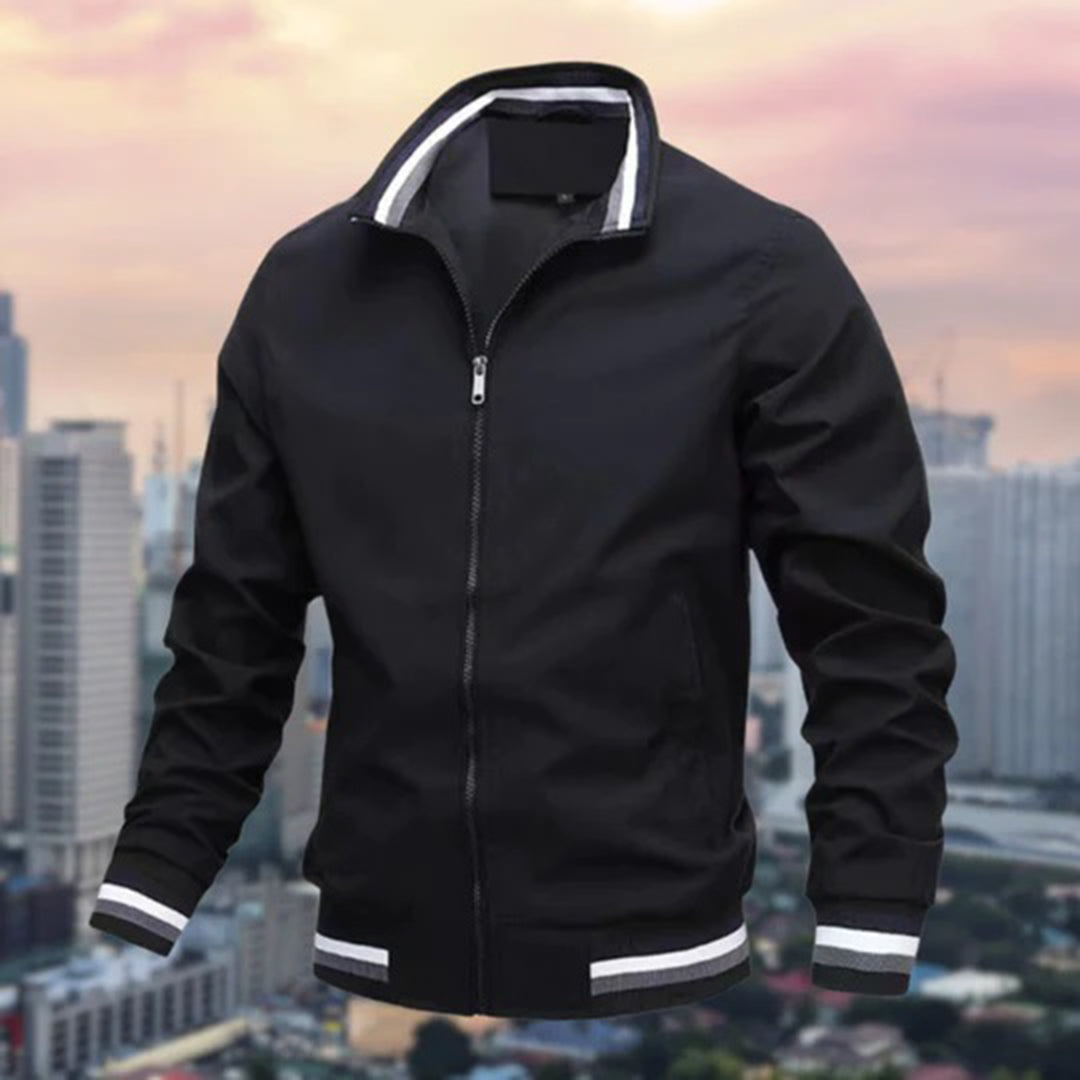 "Donkerblauw bomberjack voor mannen, stijlvolle herfstjas van hoogwaardig polyester, elegante en functionele herfstkleding."