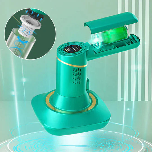 "Draadloze stofzuiger groen-wit, krachtige zuigkracht voor huisstofmijtbestrijding, modern ontwerp, compact en licht."