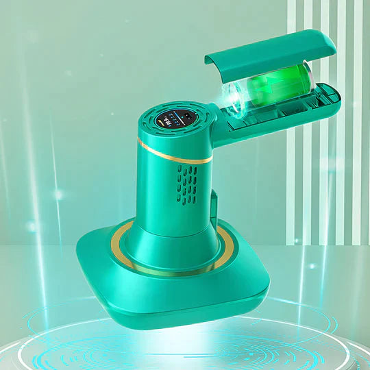 "Draadloze stofzuiger groen-wit, krachtige zuigkracht voor huisstofmijtbestrijding, modern ontwerp, compact en licht."
