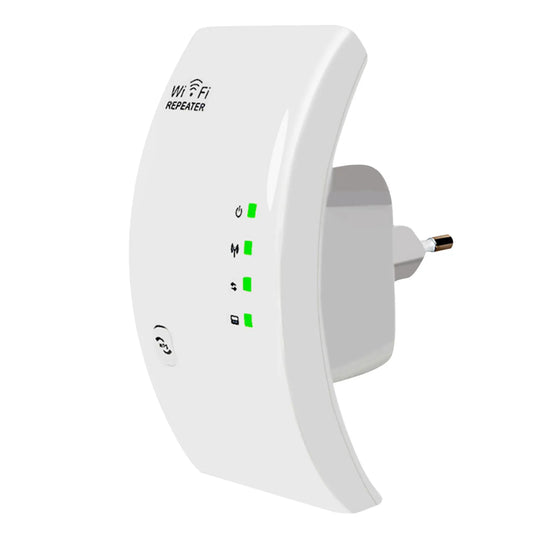 "Draadloze WiFi-signaalversterker, compacte witte behuizing, plug-and-play, voor betere internetdekking in huis"