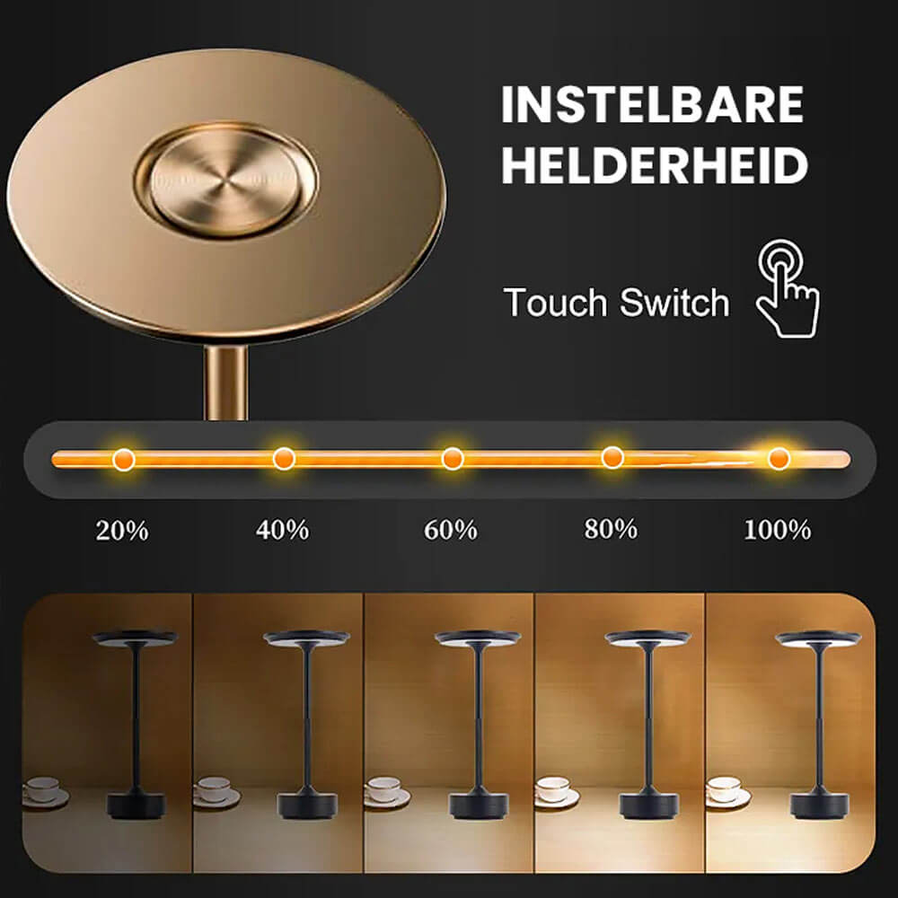 "Draagbare LED tafellamp met dimbare functies, modern design, draadloos, oplaadbaar via USB, ideaal voor elke interieurstijl.