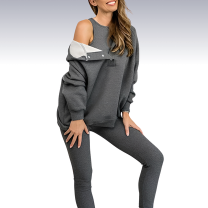 "Driedelige sportset dames met elegante top, sportbeha en legging; ademende en elastische stoffen voor comfort en stijl."