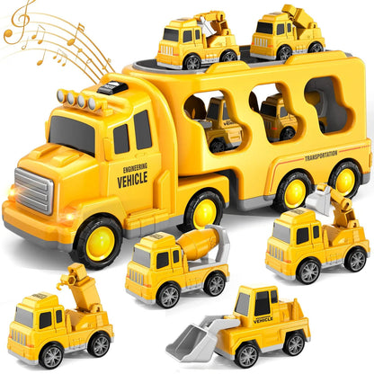 "Dubbel gelaagd transportvoertuig met licht en muziek voor kinderen, inclusief opslagruimte en felgekleurde details."
