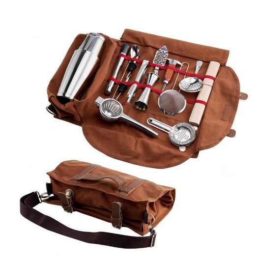 "Duurzame cocktail organizer tas met rol-design, hoogwaardig canvas, ideaal voor bartools en gemakkelijk mee te nemen."