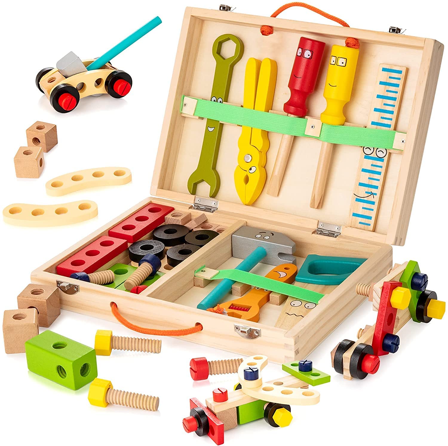 "Duurzame houten kindergereedschapskist, inclusief diverse veilige en kleurrijke tools voor creatief spel van kinderen."