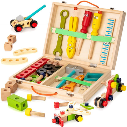 "Duurzame houten kindergereedschapskist, inclusief diverse veilige en kleurrijke tools voor creatief spel van kinderen."