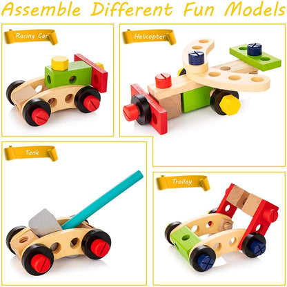 "Duurzame houten kindergereedschapskist, inclusief diverse veilige en kleurrijke tools voor creatief spel van kinderen."