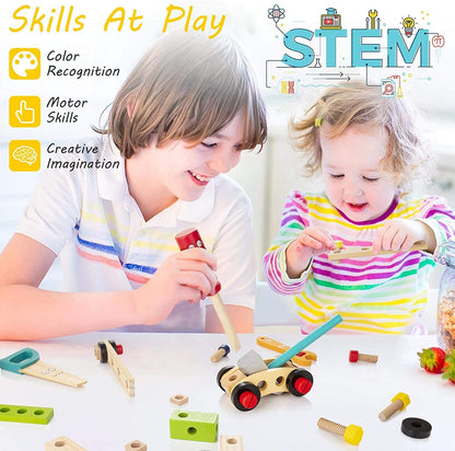 "Duurzame houten kindergereedschapskist, inclusief diverse veilige en kleurrijke tools voor creatief spel van kinderen."