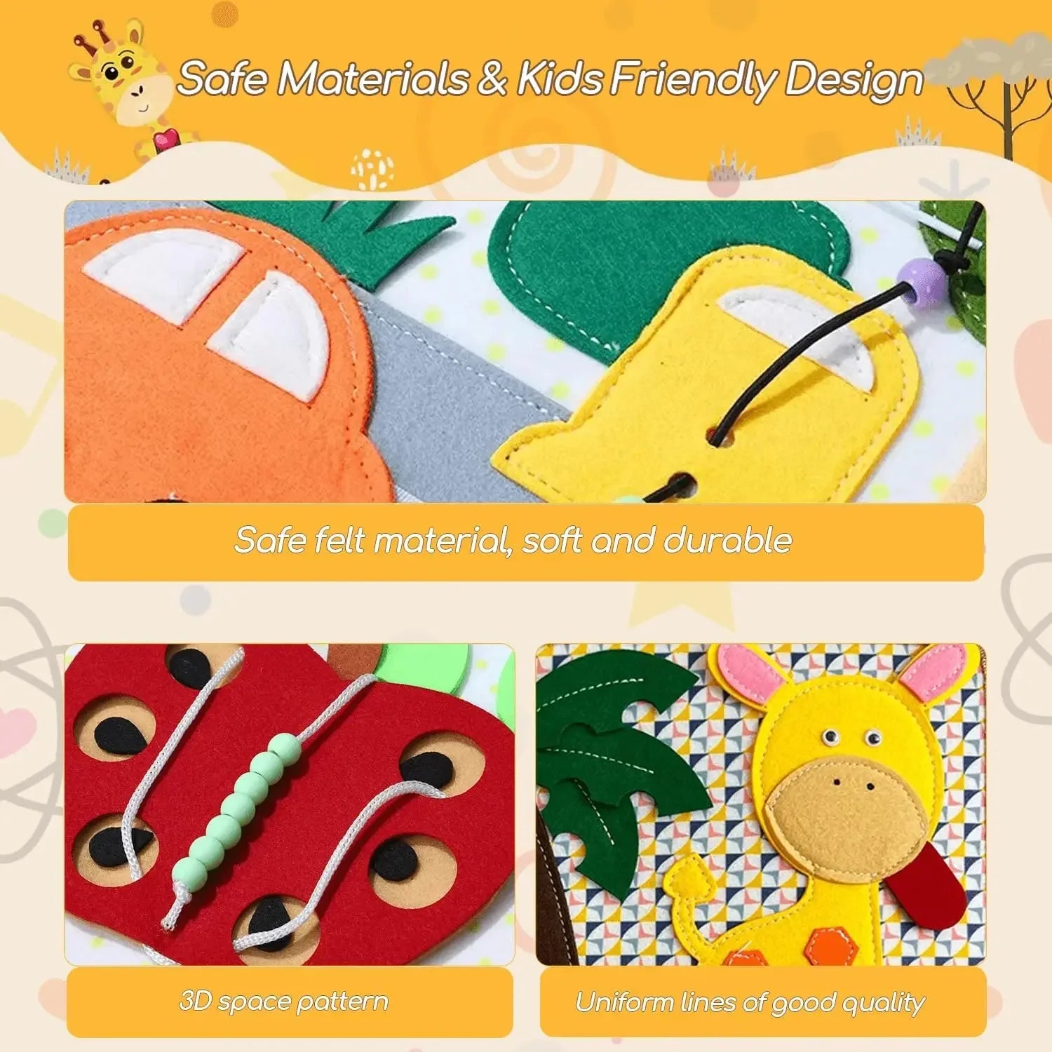 Educatief viltboek vol dieren, voeltactiele pagina's, stimuleert fijne motoriek en interactief leren voor peuters.