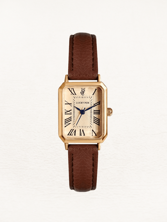 Elegant retro dameshorloge met vierkante gouden kast en bruine leren band, perfecte balans tussen stijl en comfort.