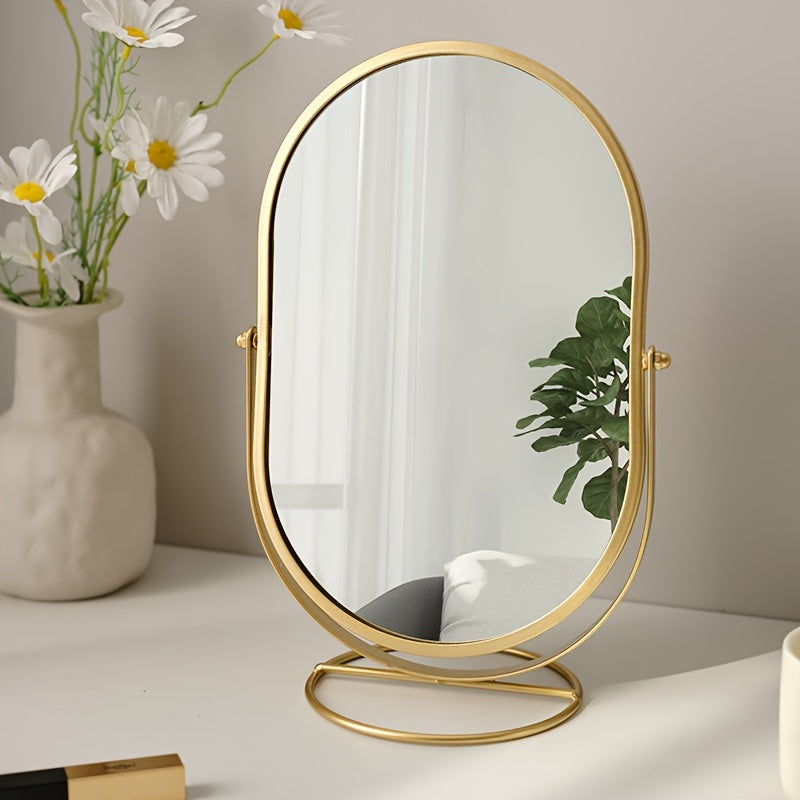 "Elegante 360° draaibare make-up spiegel met ijzeren frame, draagbaar en stijlvol, perfect voor dagelijks gebruik."
