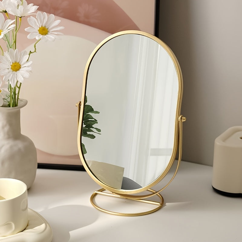 "Elegante 360° draaibare make-up spiegel met ijzeren frame, draagbaar en stijlvol, perfect voor dagelijks gebruik."