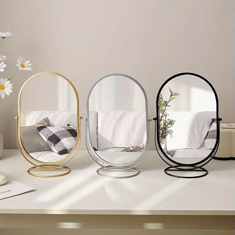 "Elegante 360° draaibare make-up spiegel met ijzeren frame, draagbaar en stijlvol, perfect voor dagelijks gebruik."