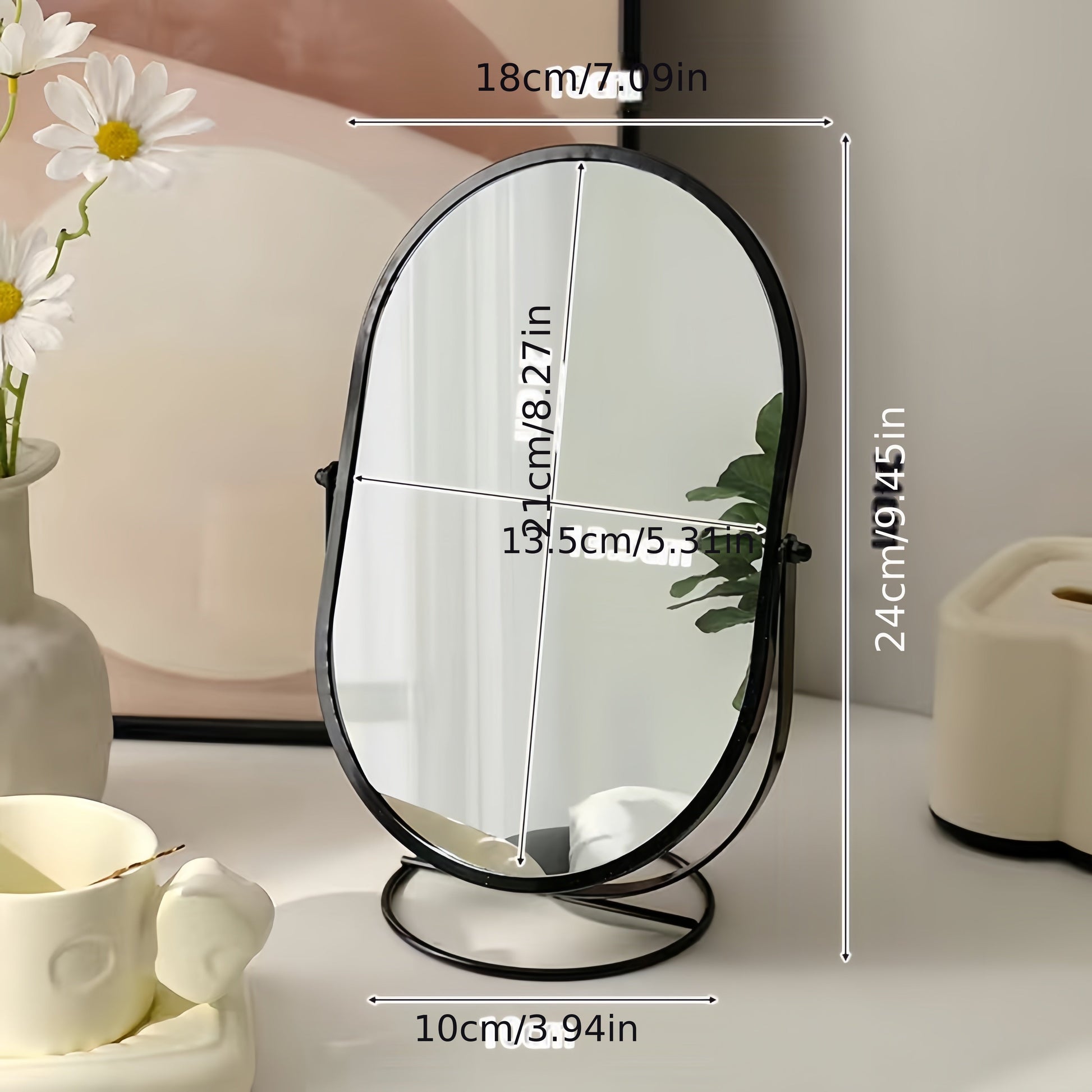 "Elegante 360° draaibare make-up spiegel met ijzeren frame, draagbaar en stijlvol, perfect voor dagelijks gebruik."